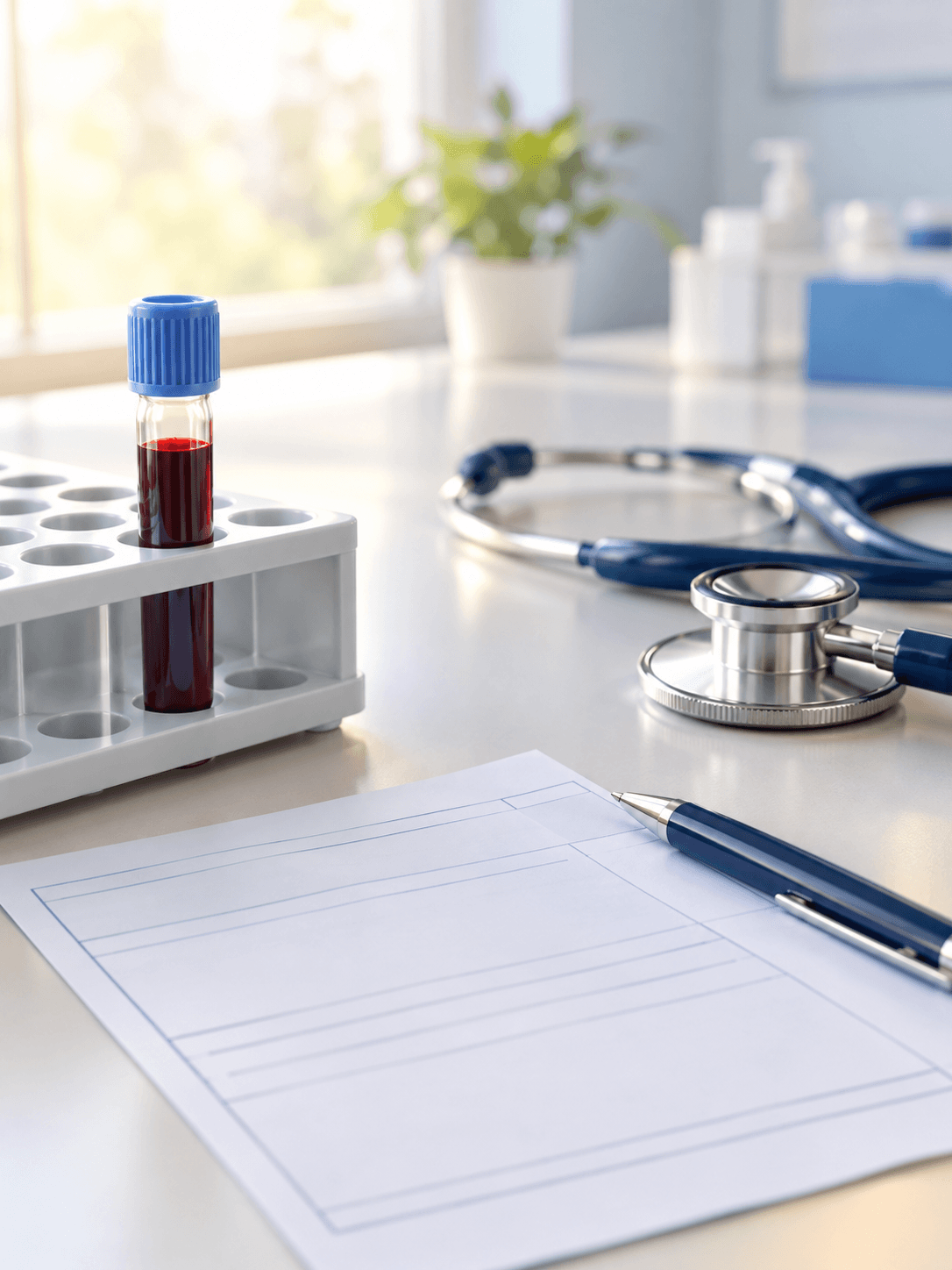 Tube de sang dans un portoir de laboratoire, à côté d'une ordonnance d'analyses, d'un stylo et d'un stéthoscope