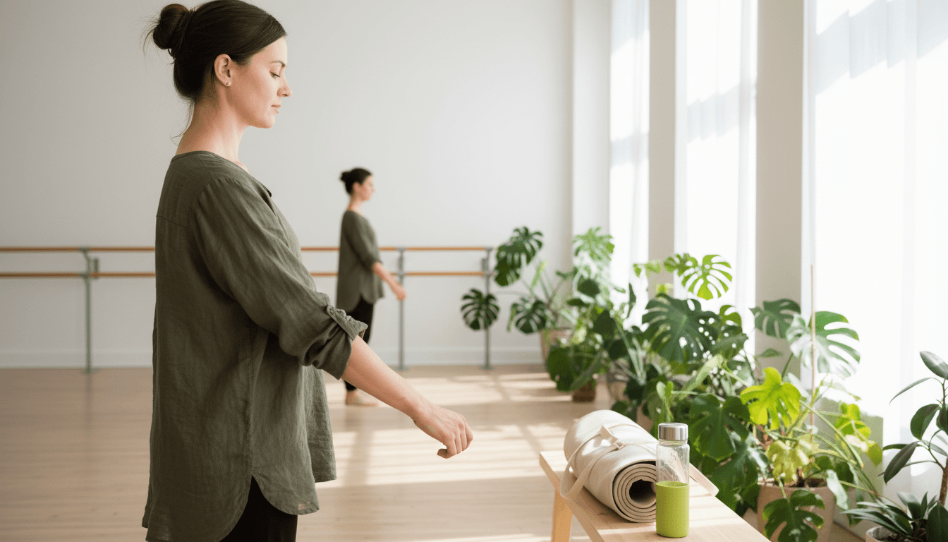Femme de profil dans un studio de danse remontant sa manche avant le cours, tapis sur un banc