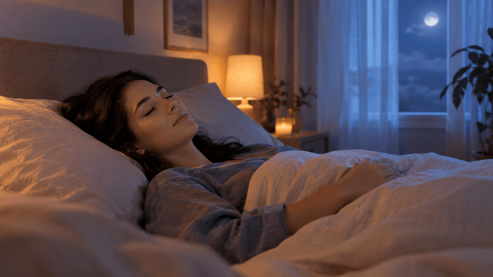 Adulte détendu allongé sur le dos dans son lit, yeux fermés, pratiquant un balayage corporel apaisant avant de dormir