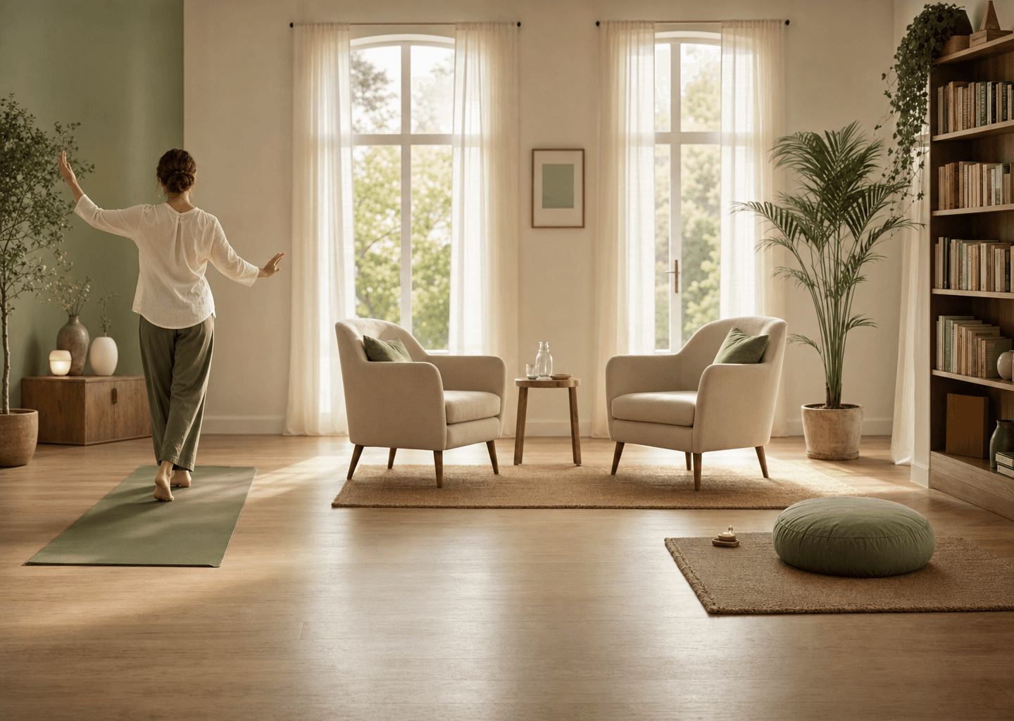 Studio de sophrologie lumineux avec trois espaces de pratique illustrant les branches dynamique, analytique et existentielle de la sophrologie