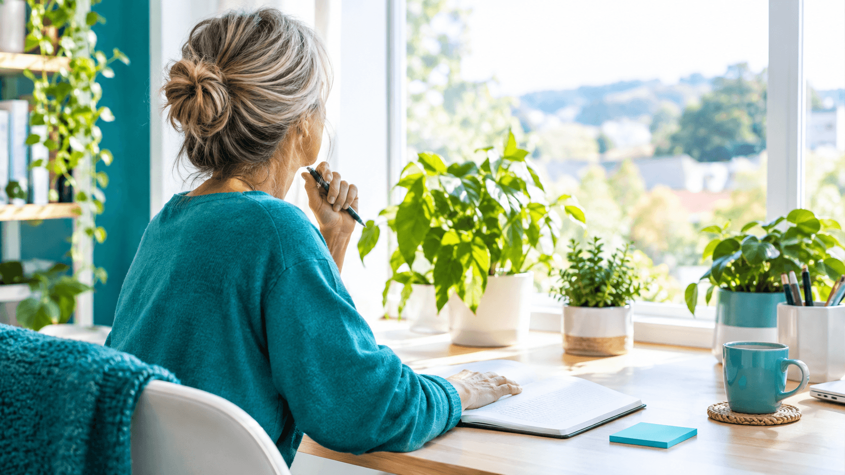 Femme d'une cinquantaine d'années de dos à un bureau lumineux, notant une pensée, entourée de plantes vertes