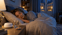 Femme endormie dans une chambre sombre, bouchons d’oreilles et appareil à bruit blanc posés sur la table de nuit