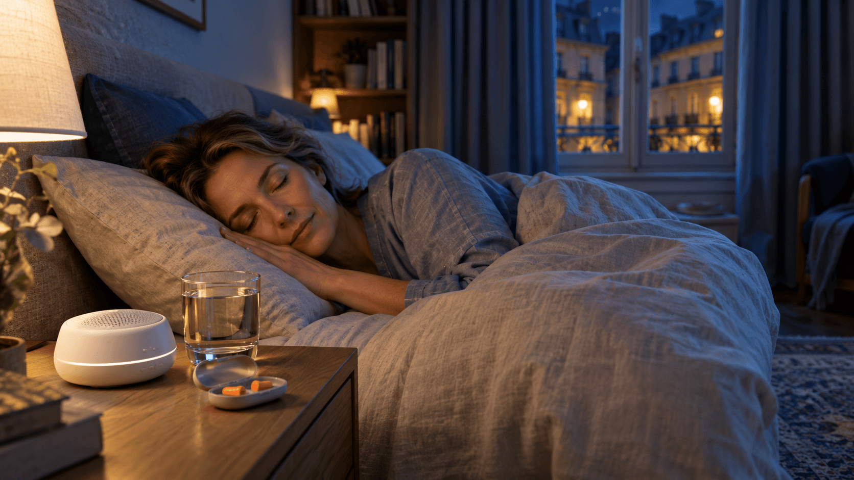 Femme endormie dans une chambre sombre, bouchons d’oreilles et appareil à bruit blanc posés sur la table de nuit