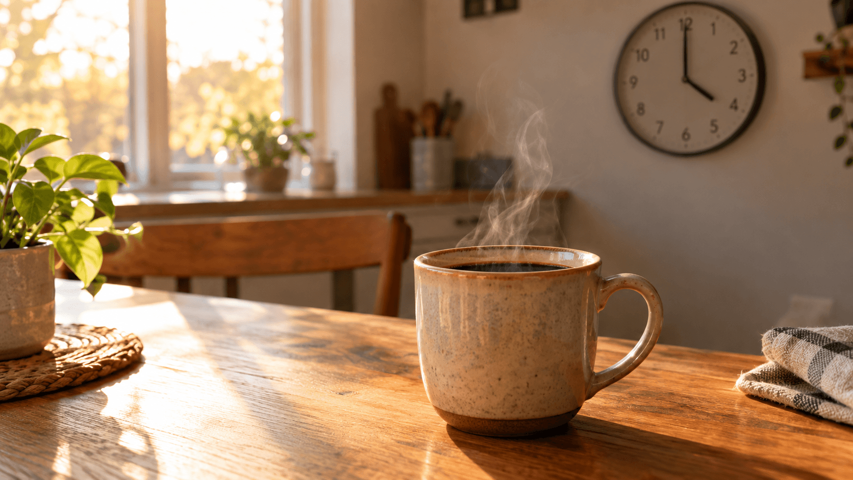 Tasse de café chaud sur une table en bois en fin d'après-midi, horloge floue indiquant seize heures en arrière-plan