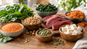 Aliments riches en fer présentés sur une table en bois : lentilles, épinards, pois chiches, viande maigre et graines de courge