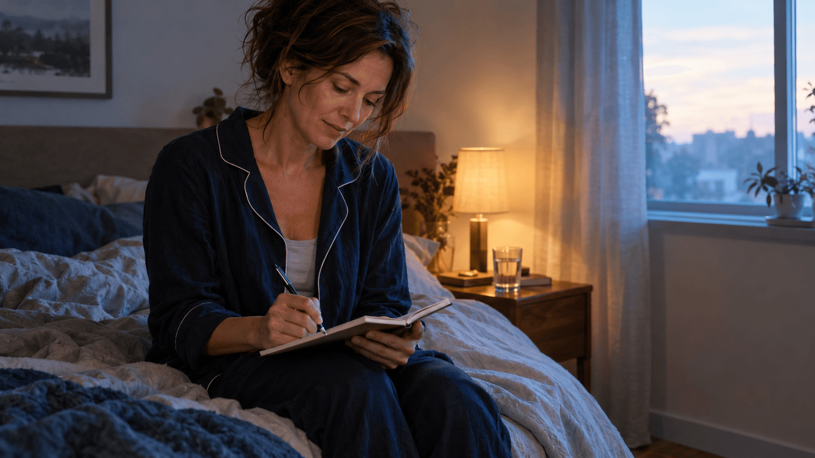 Femme assise au bord de son lit à l’aube, réécrivant un cauchemar dans un carnet sous la lumière douce d’une lampe de chevet