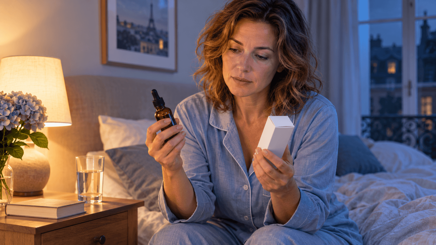 Femme assise au bord du lit le soir, hésitant entre un flacon compte-gouttes ambré et une boîte de médicament