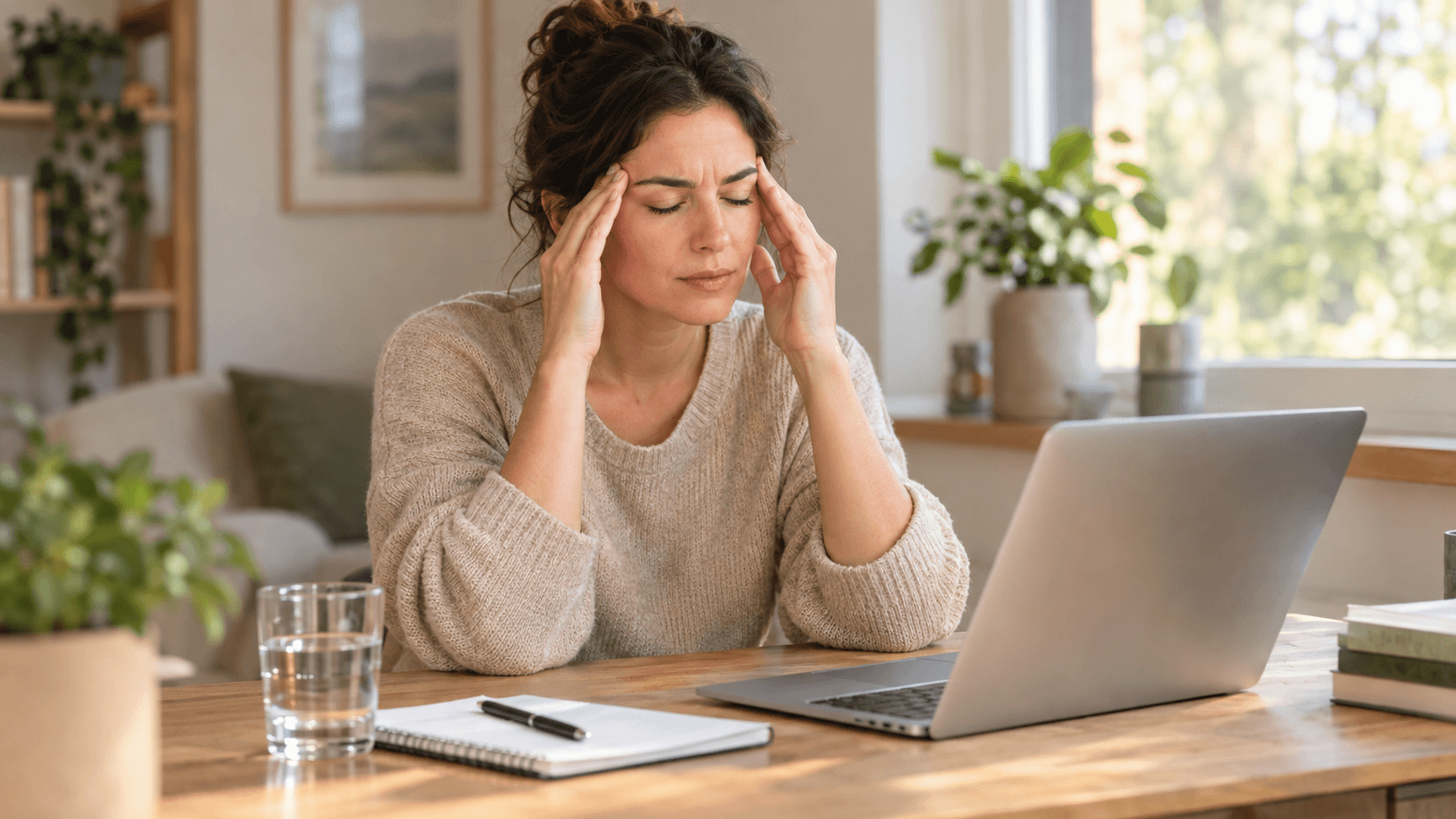 Femme assise à son bureau devant un ordinateur portable, les yeux fermés, massant ses tempes en fin de journée