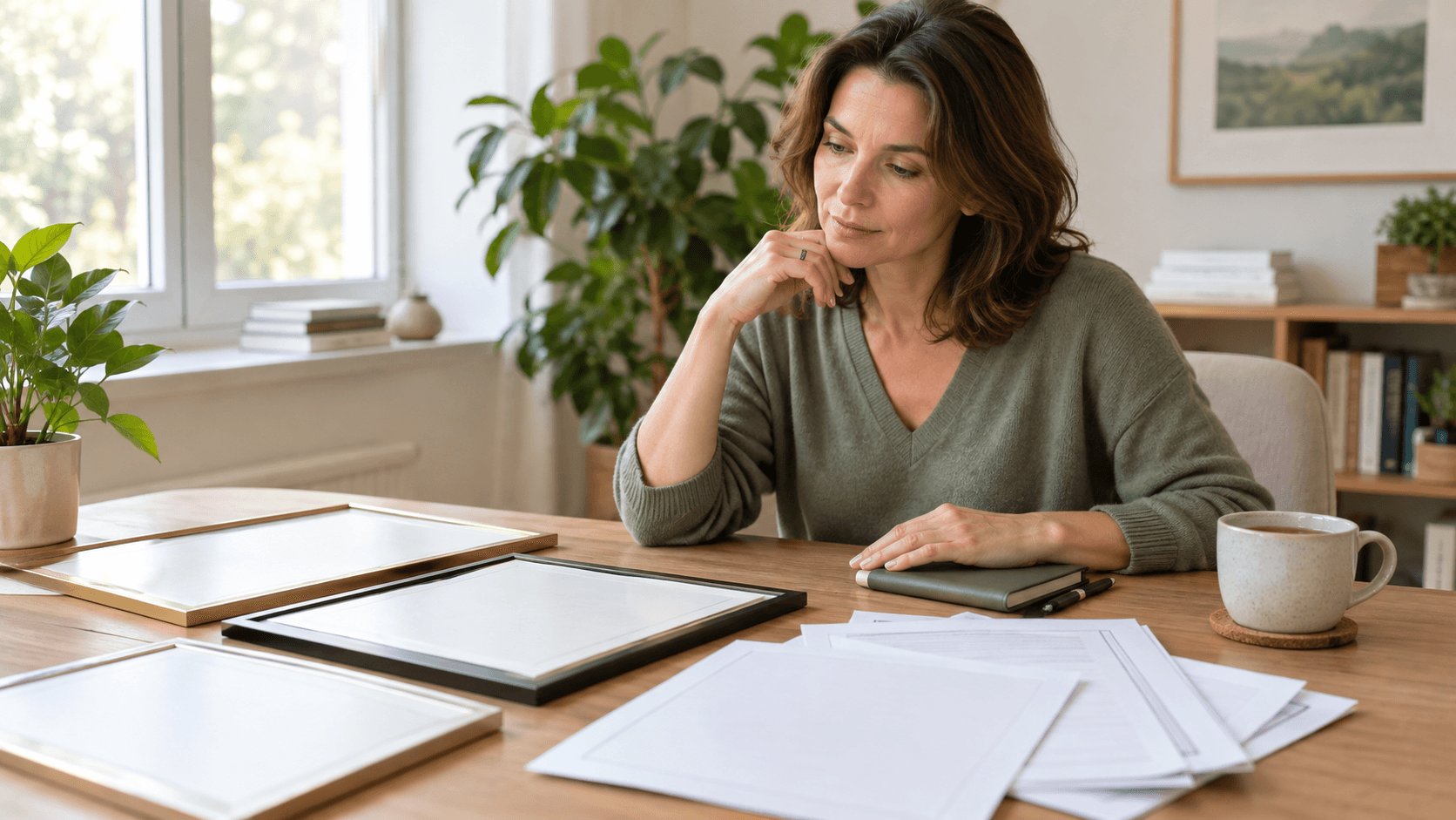 Femme à un bureau lumineux comparant des certificats encadrés vierges et des documents de formation en hypnose