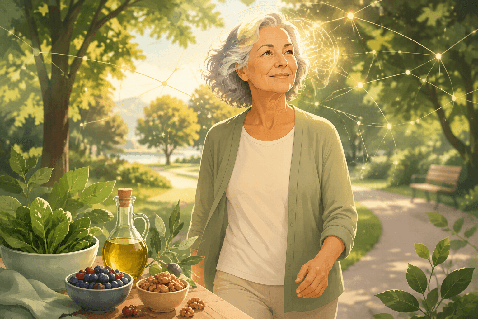 Femme senior souriante marchant dans un parc verdoyant, illustration sur la santé du cerveau et la prévention du déclin cognitif