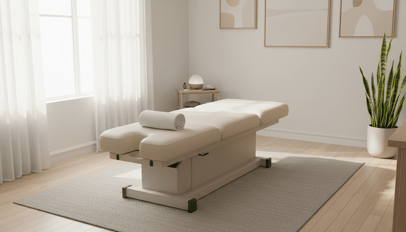 Salle de chiropraxie lumineuse et apaisante avec table de soin, serviette pliée et plante verte, ambiance professionnelle sereine