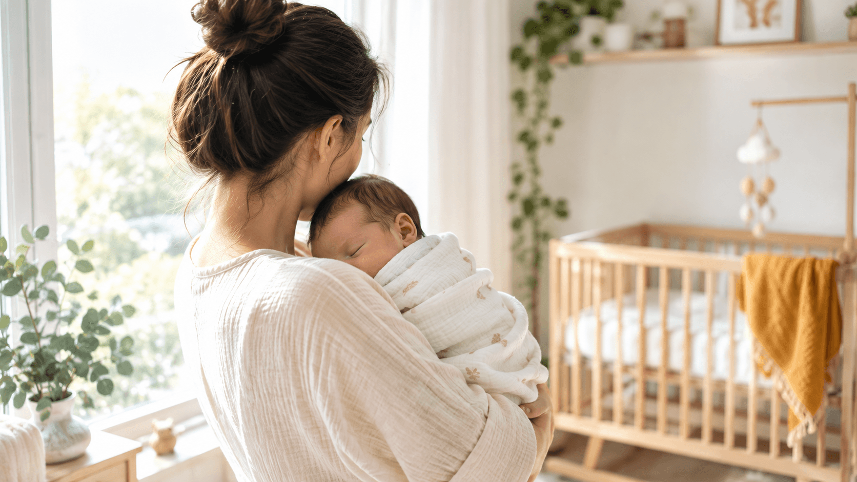 Jeune parent tenant contre lui un nouveau-né endormi près d'une fenêtre, dans une chambre de bébé claire et apaisante