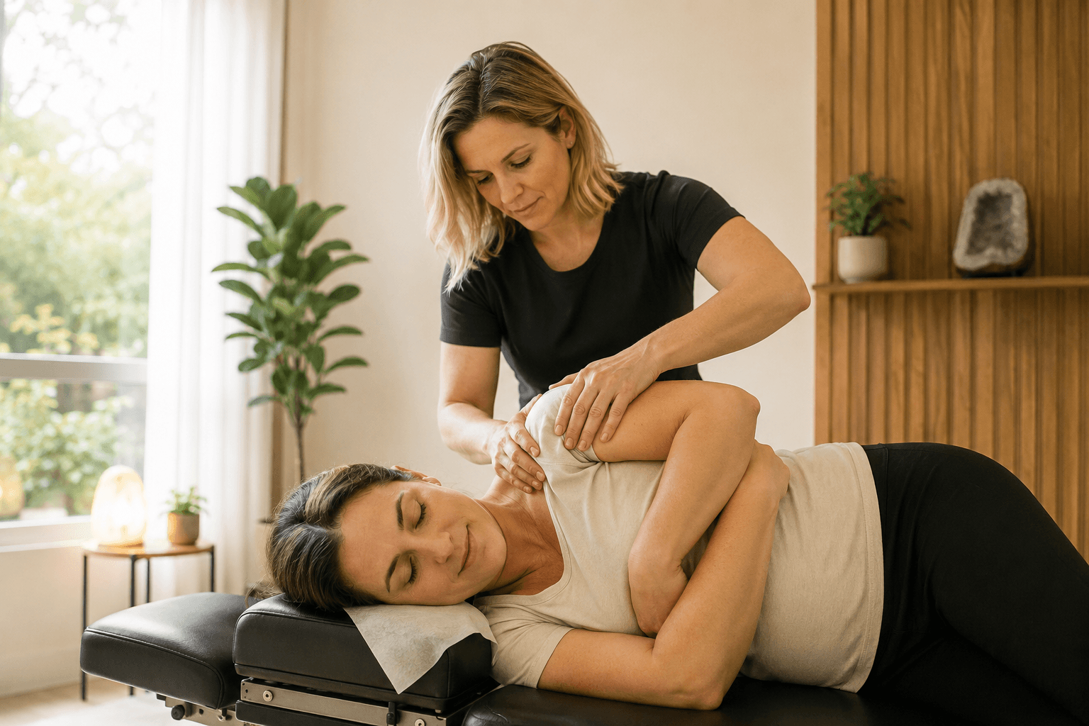 Séance de chiropraxie sereine dans un cabinet apaisant