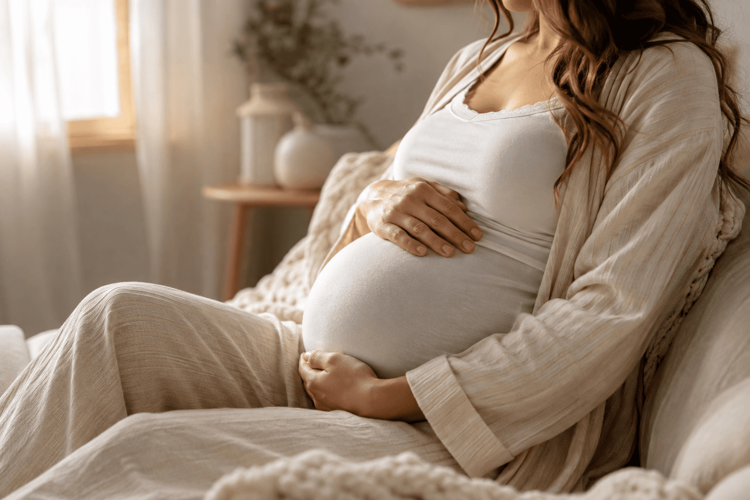 Femme enceinte sereine posant les mains sur son ventre, ambiance douce et rassurante
