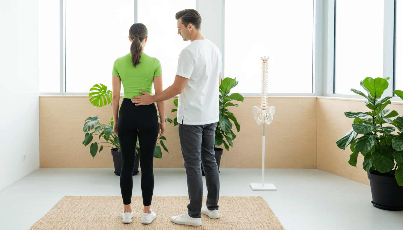 Bilan postural debout, un chiropracteur suit du doigt le bas du dos d'un patient, tous deux de dos