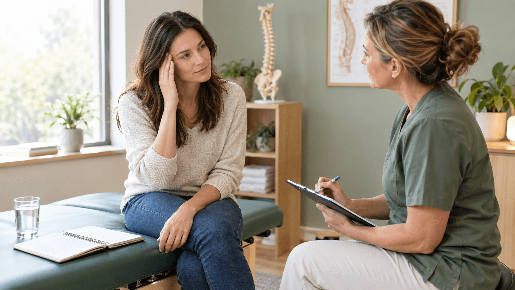 Femme migraineuse, main sur la tempe, échangeant avec une chiropractrice lors d'un premier bilan en cabinet