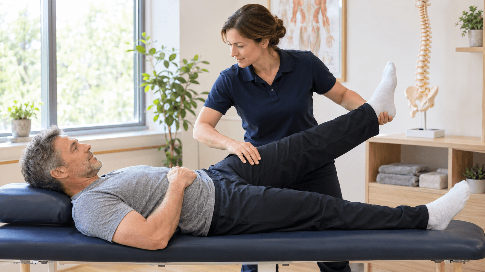 Praticienne levant la jambe tendue d’un homme allongé sur une table de soin pour évaluer une douleur sciatique
