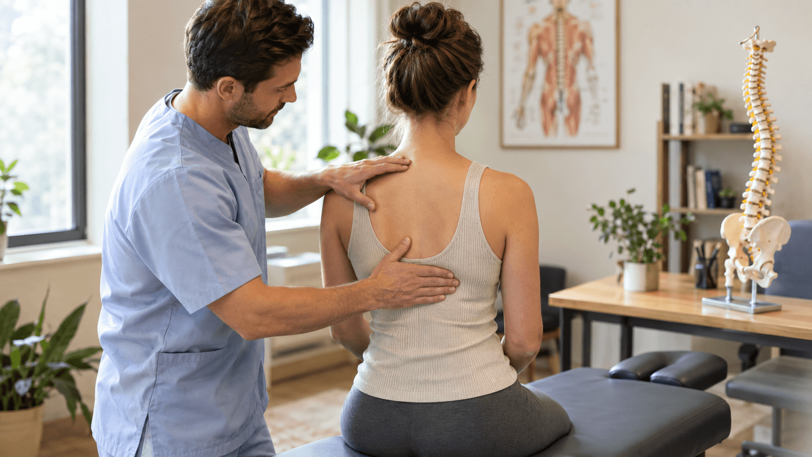 Chiropracteur évaluant avec douceur l'alignement de la colonne vertébrale d'un patient assis lors d'un bilan de scoliose