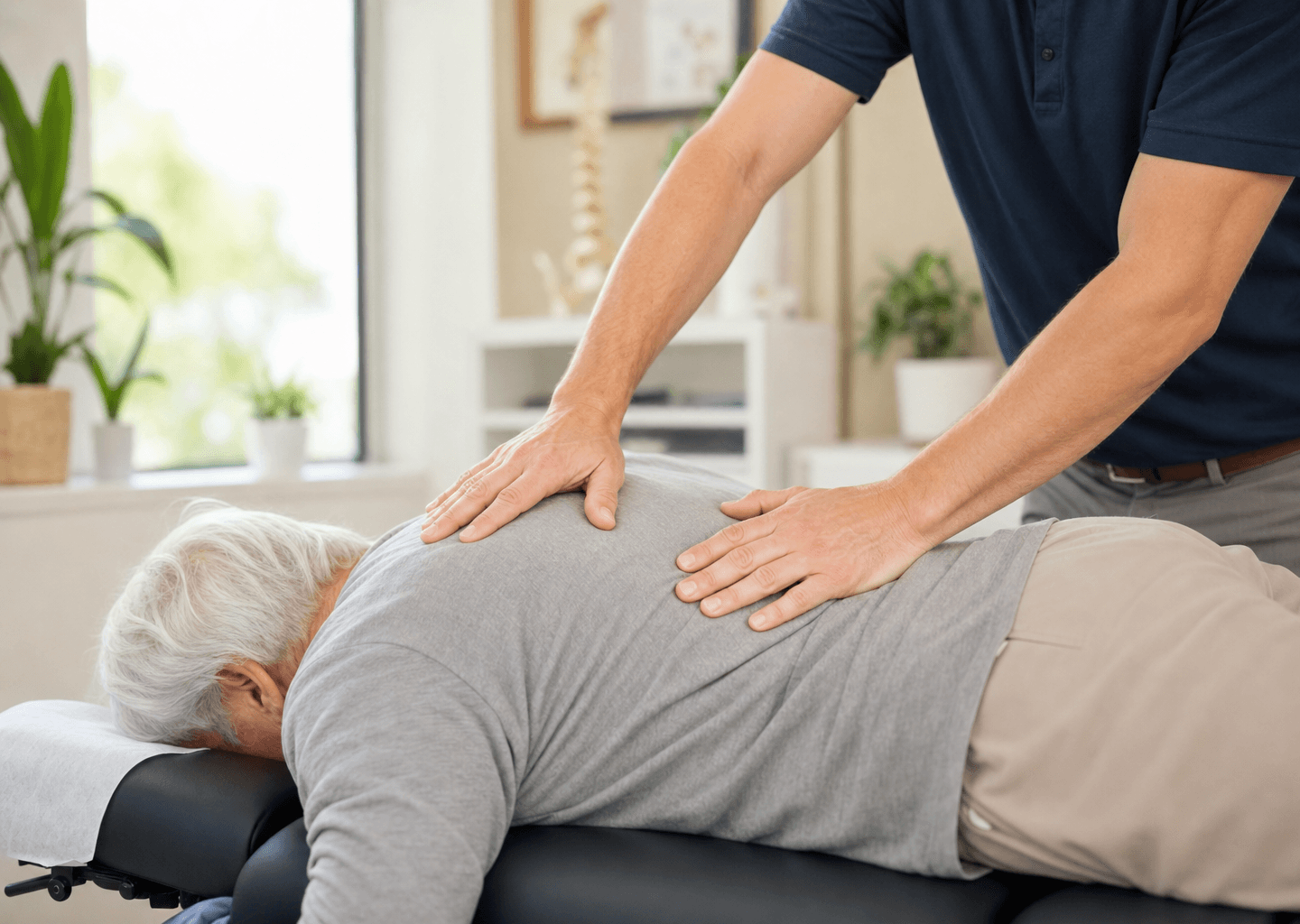 Mains d'un praticien chiropracteur posées avec douceur sur le dos d'une personne âgée habillée, dans un cabinet lumineux