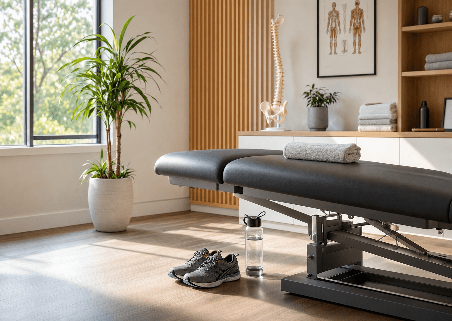 Cabinet de chiropraxie lumineux avec table de soin, chaussures de sport et serviette propres, plante verte, ambiance de récupération saine