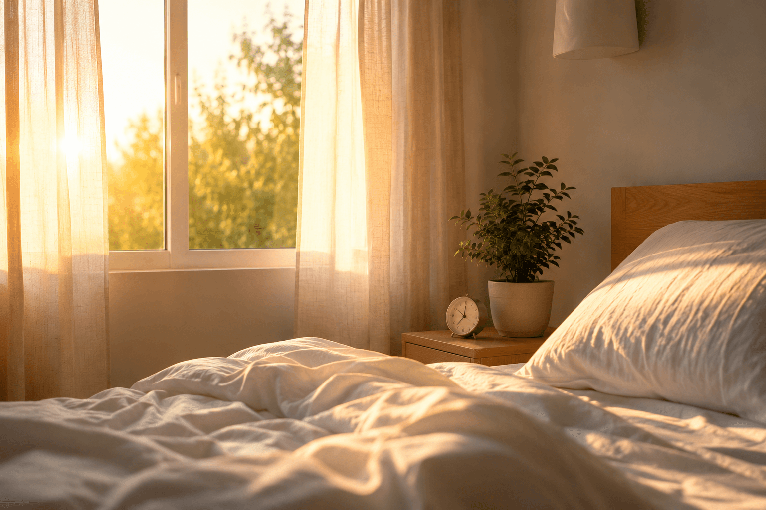 Chambre lumineuse au lever du soleil évoquant un rythme circadien apaisé et une horloge biologique équilibrée