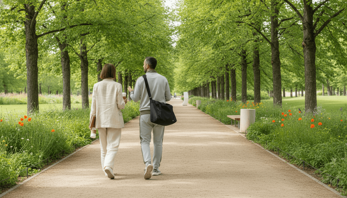 Une femme et son coach marchent côte à côte dans un parc, vus de dos, carnet sous le bras