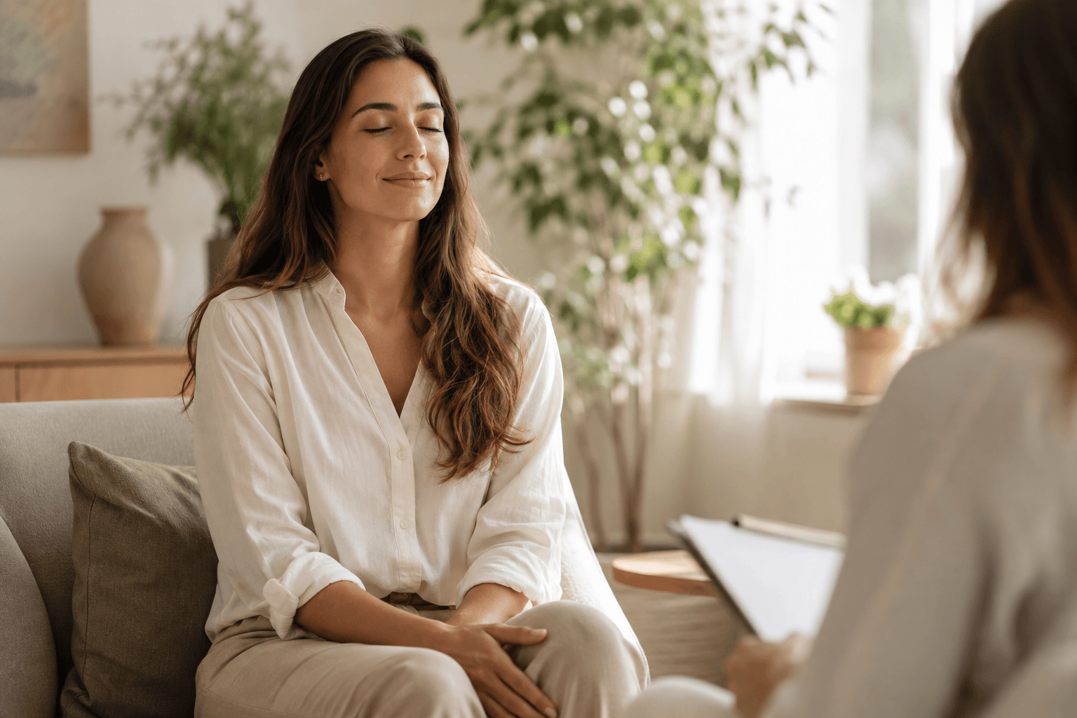 Personne sereine et émotionnellement équilibrée lors d'une séance de coaching bien-être dans une pièce lumineuse et apaisante