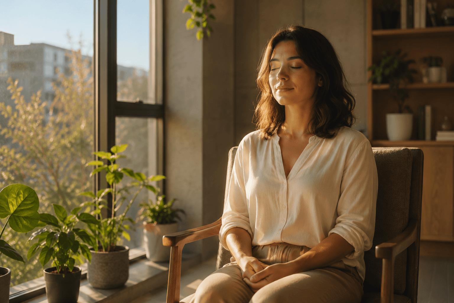 Personne sereine en pleine conscience près d'une fenêtre lumineuse, ambiance de coaching bien-être
