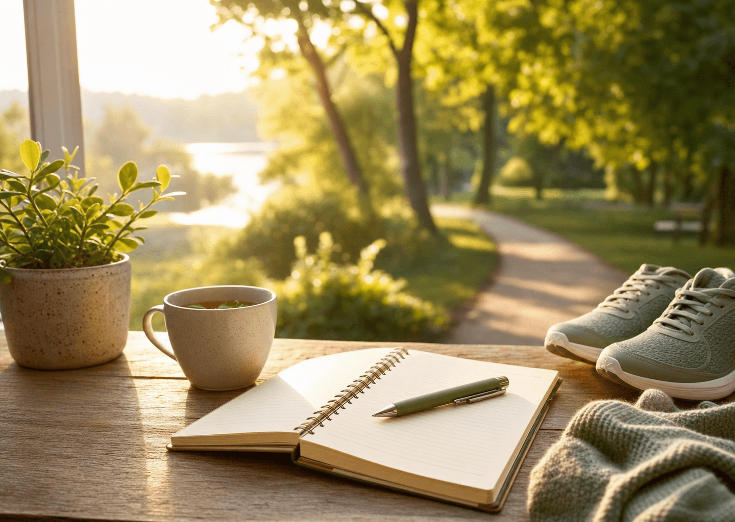 Carnet d'objectifs, tasse de tisane et chaussures de marche sur un bureau lumineux ouvert sur la nature, évoquant l'accompagnement du coaching santé