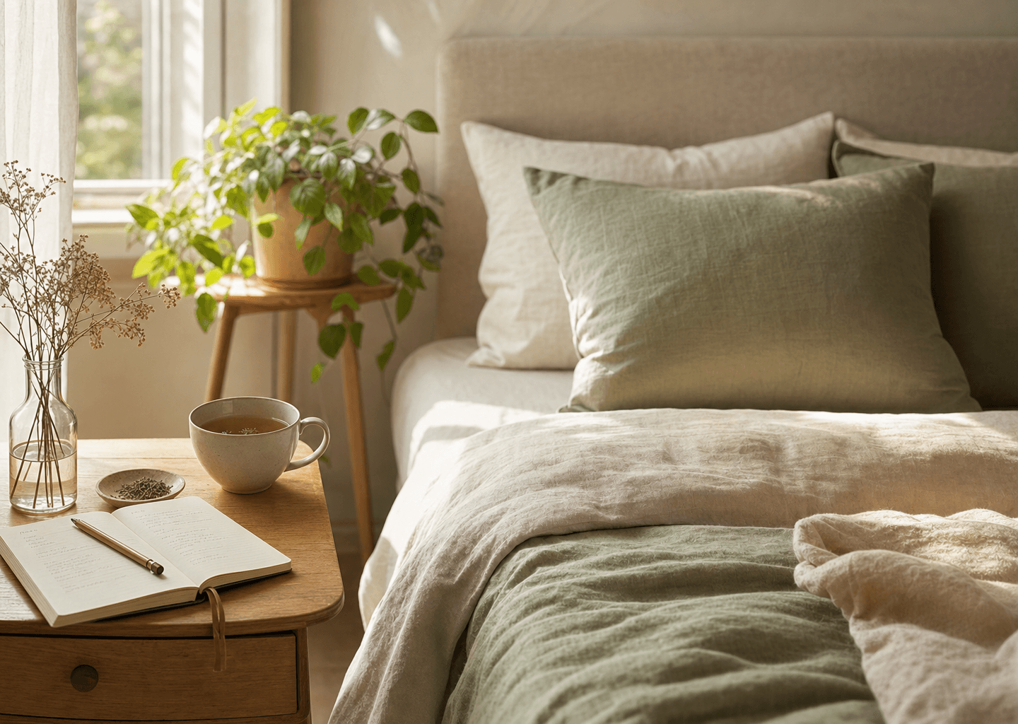Chambre paisible au petit matin avec lit cosy, tisane et agenda du sommeil, évoquant un rythme de sommeil sain