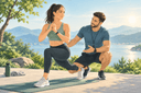 Coaching sportif bien-être : une personne accompagnée par un coach lors d'une activité physique en extérieur, équilibre du corps et de l'esprit