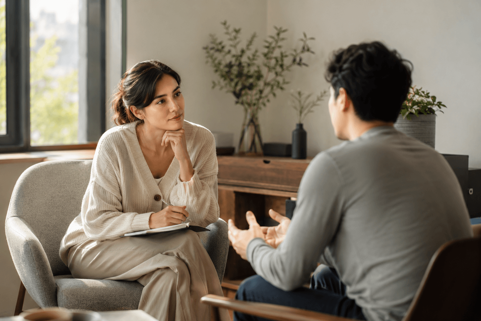 Deux personnes en conversation attentive et bienveillante, illustration d'un accompagnement serein