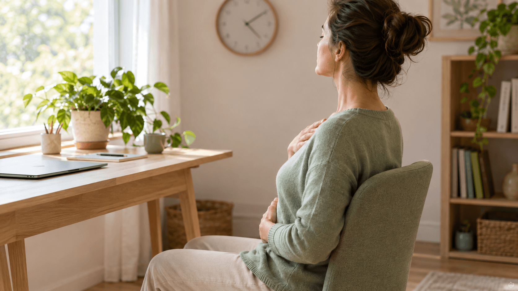 Adulte assis de dos près d'une fenêtre, une main sur le ventre et l'autre sur la poitrine, pratiquant une respiration lente