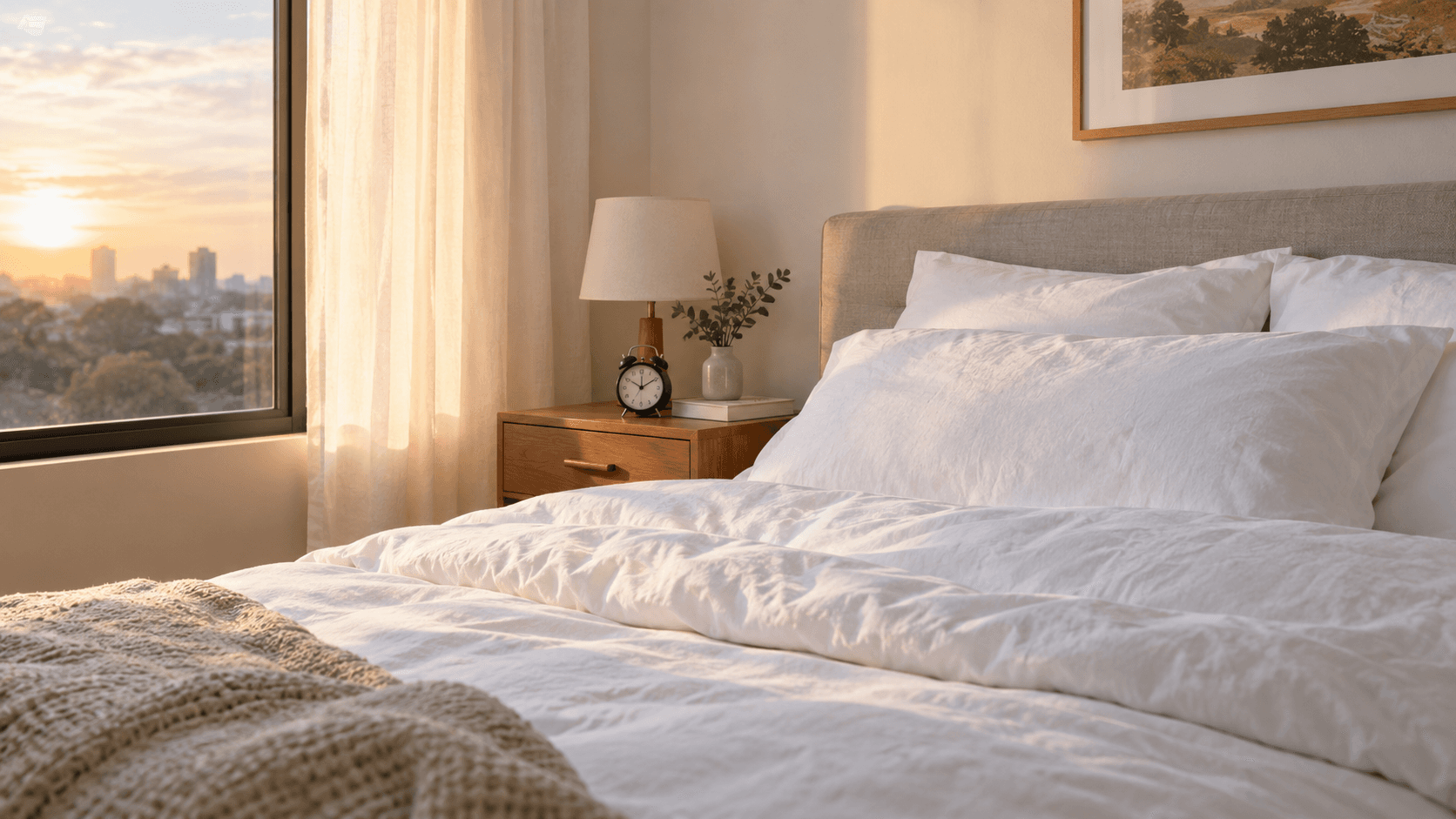 Chambre calme et lumineuse à l'aube avec un lit soigneusement fait et un réveil analogique sur la table de chevet, illustrant le sommeil par âge