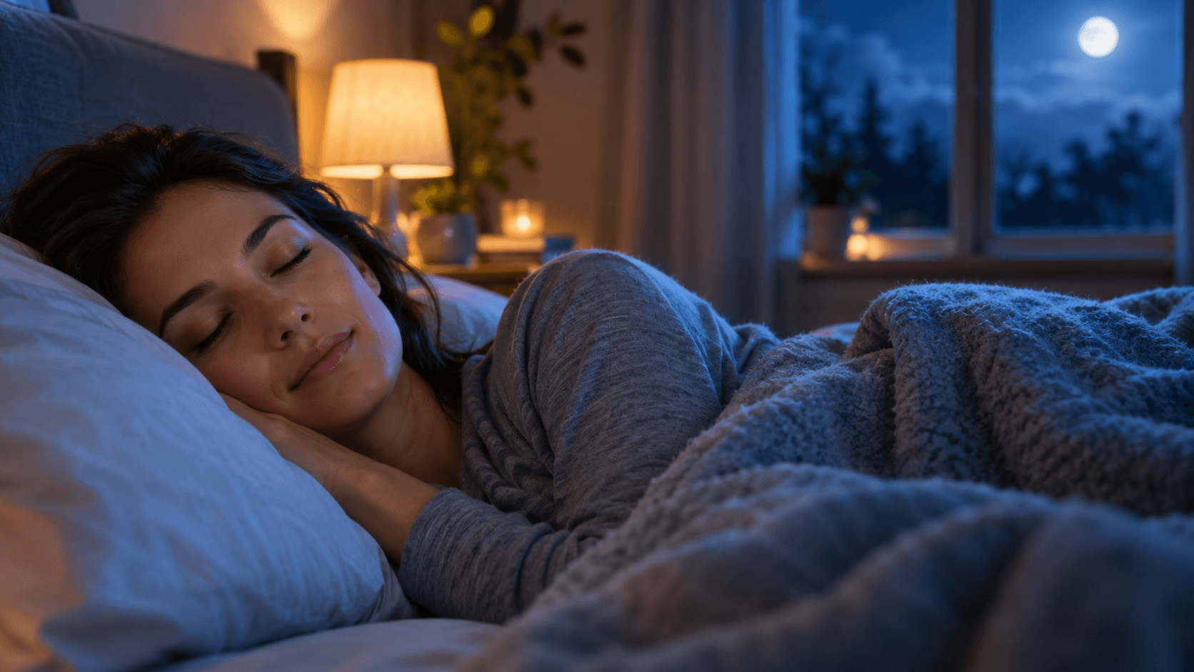 Adulte serein endormi dans une chambre tamisée, illustrant l'hypnose et l'auto-hypnose pour retrouver le sommeil la nuit