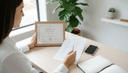 Mains comparant un certificat encadré et une liste imprimée de praticiens, téléphone et stylo