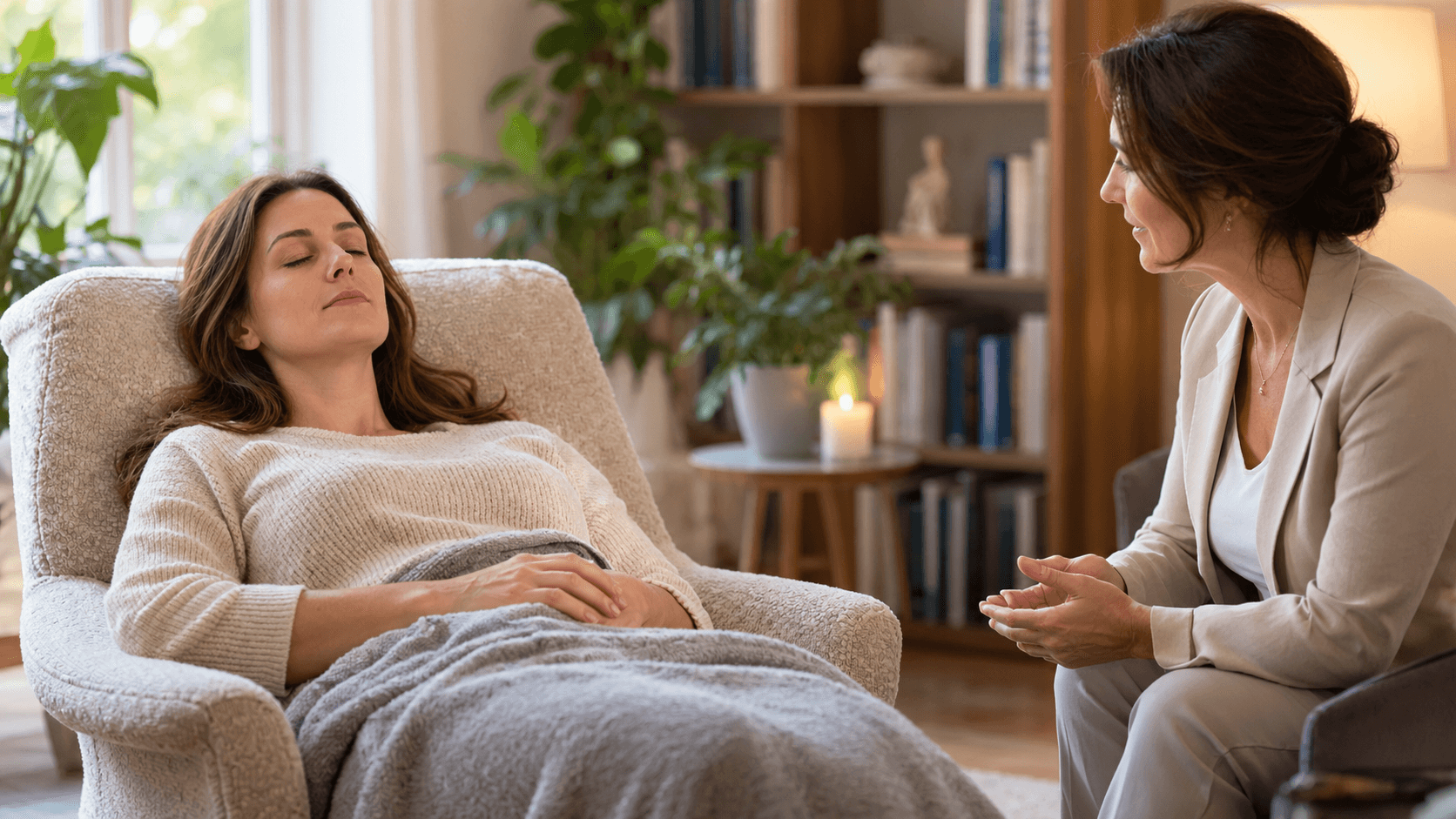 Personne allongée et détendue lors d'une séance d'hypnothérapie guidée par une praticienne dans un cabinet calme et lumineux