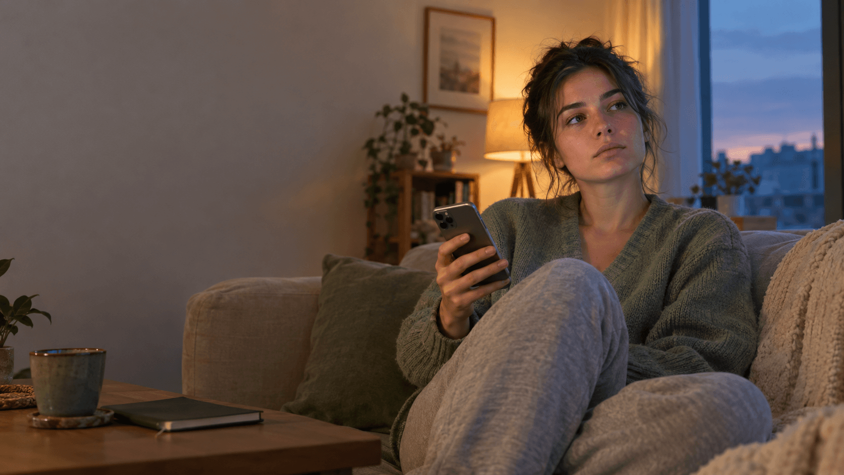 Jeune adulte pensif assis sur un canapé au crépuscule, smartphone en main écran caché, carnet et tasse de thé posés à côté