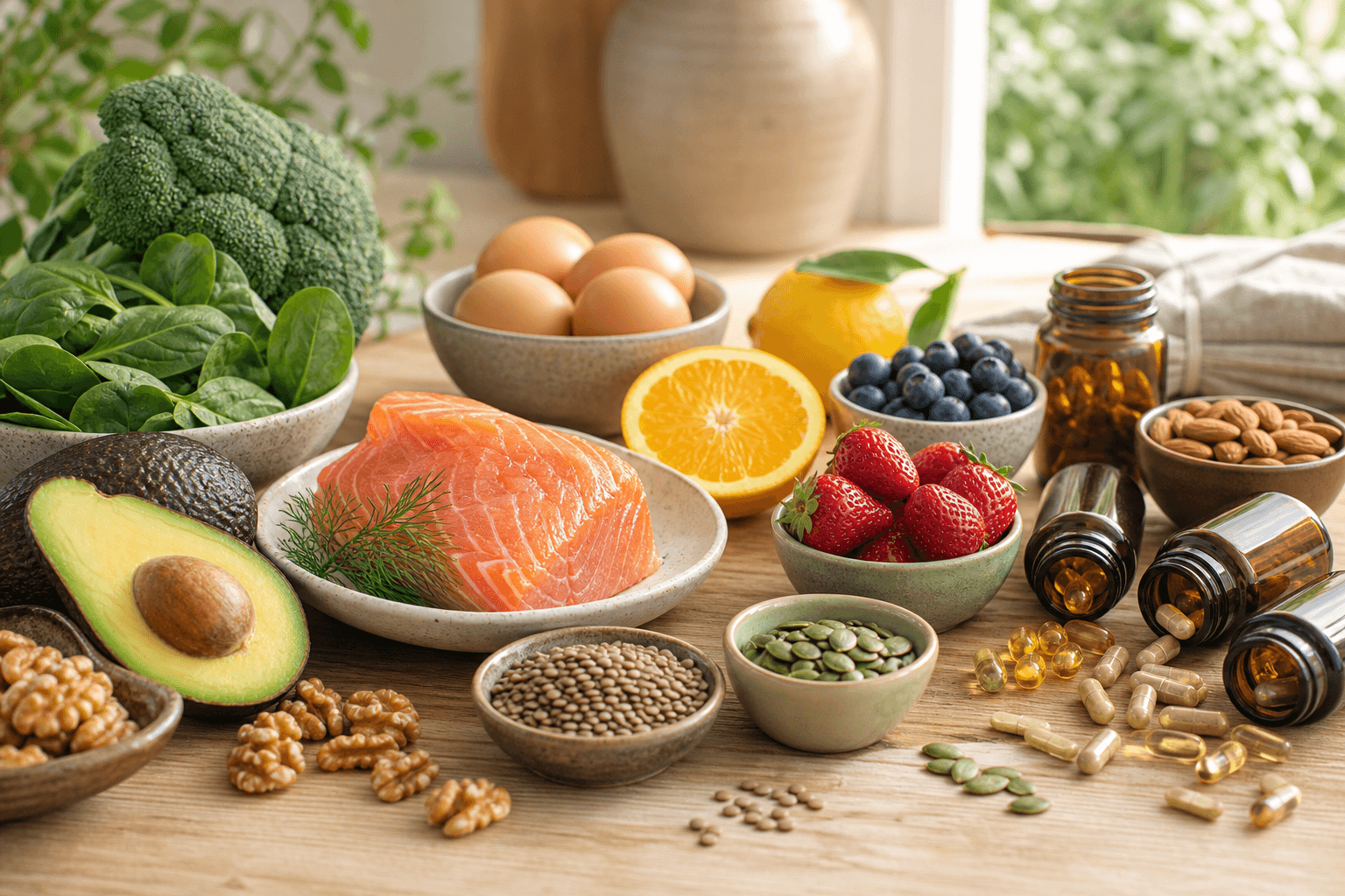 Aliments riches en nutriments pour la fertilité et compléments alimentaires disposés sur une table lumineuse
