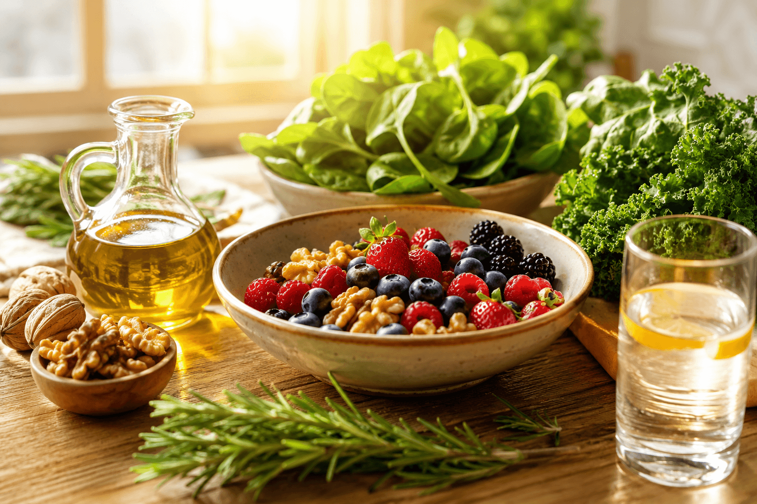 Table ensoleillée avec baies fraîches, noix, légumes verts et huile d'olive évoquant la vitalité et une longévité sereine