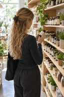 Femme de dos lisant l'étiquette d'un flacon de complément détox dans un magasin de produits naturels lumineux