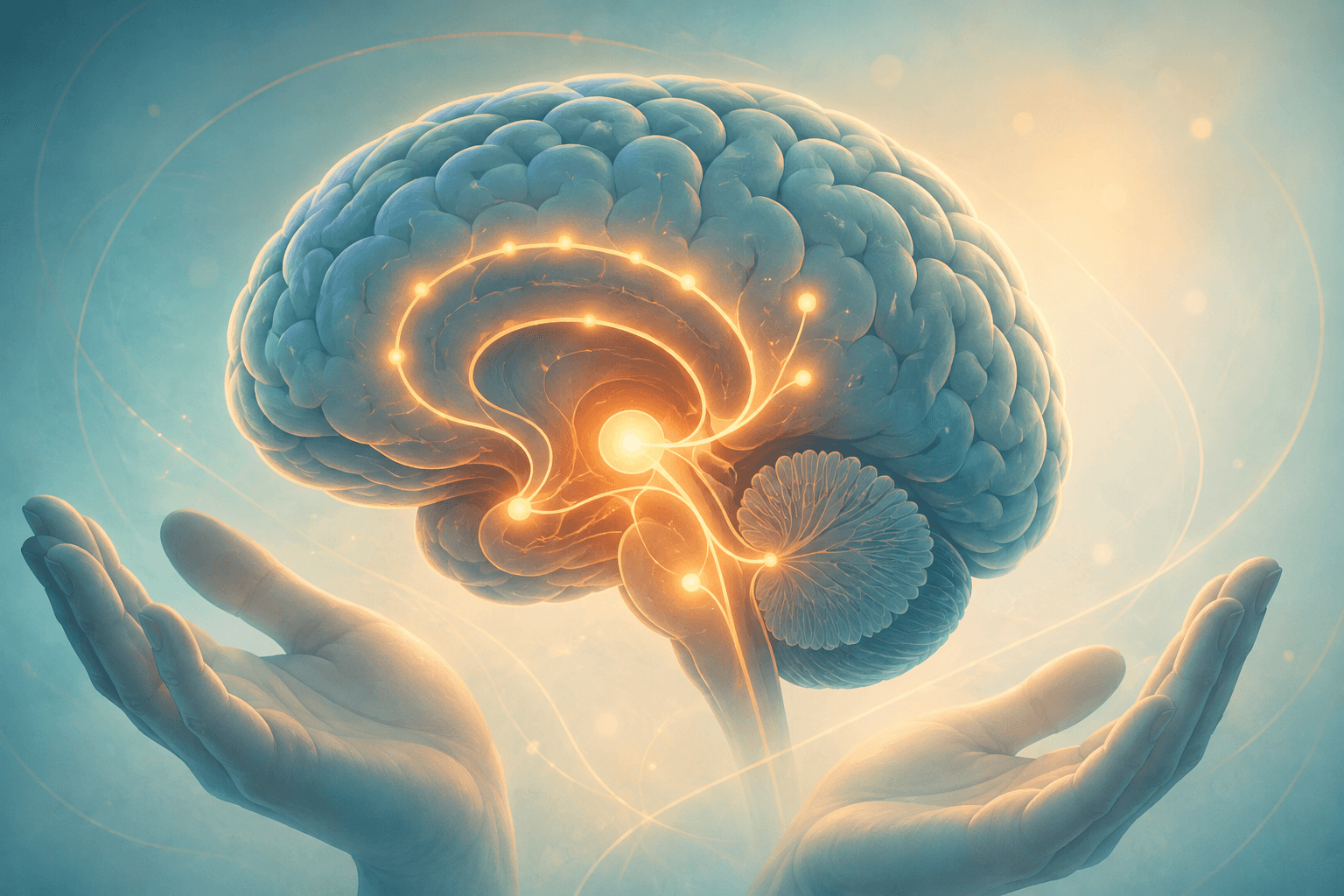 Cerveau stylisé avec circuit de la récompense lumineux, ambiance apaisée et bienveillante