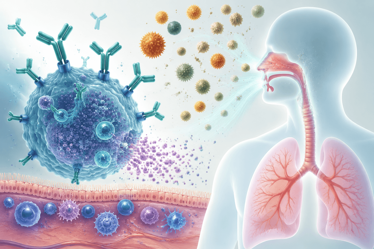 Illustration éducative des mécanismes immunitaires de l'allergie : anticorps IgE, mastocytes et libération d'histamine