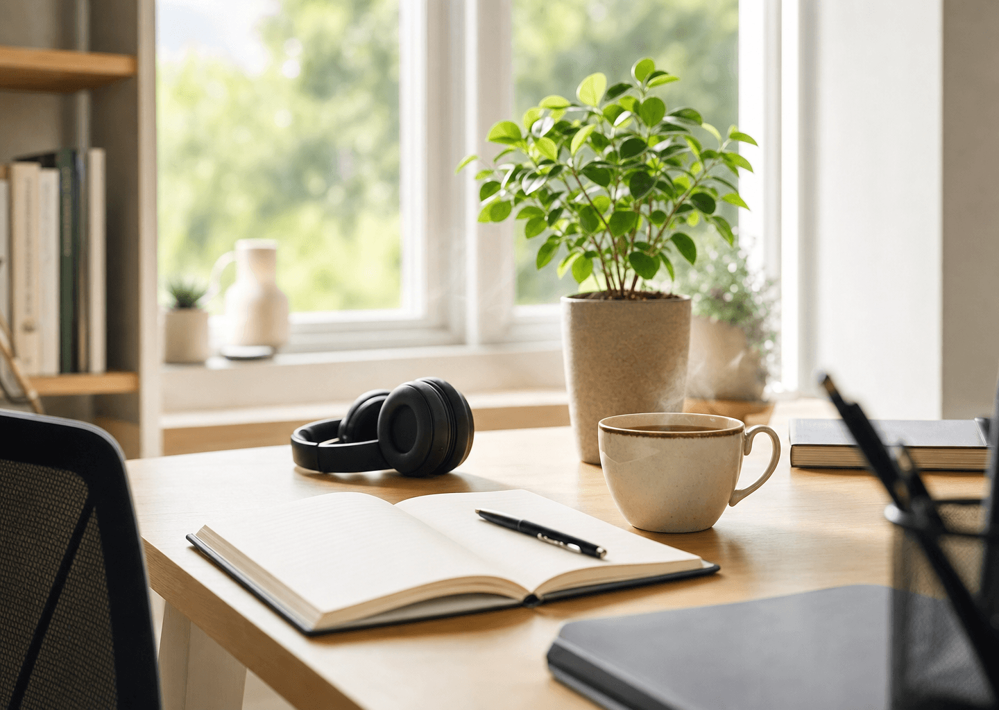 Bureau lumineux et épuré propice à la concentration : carnet ouvert, tasse fumante, casque audio et plante verte près d'une fenêtre