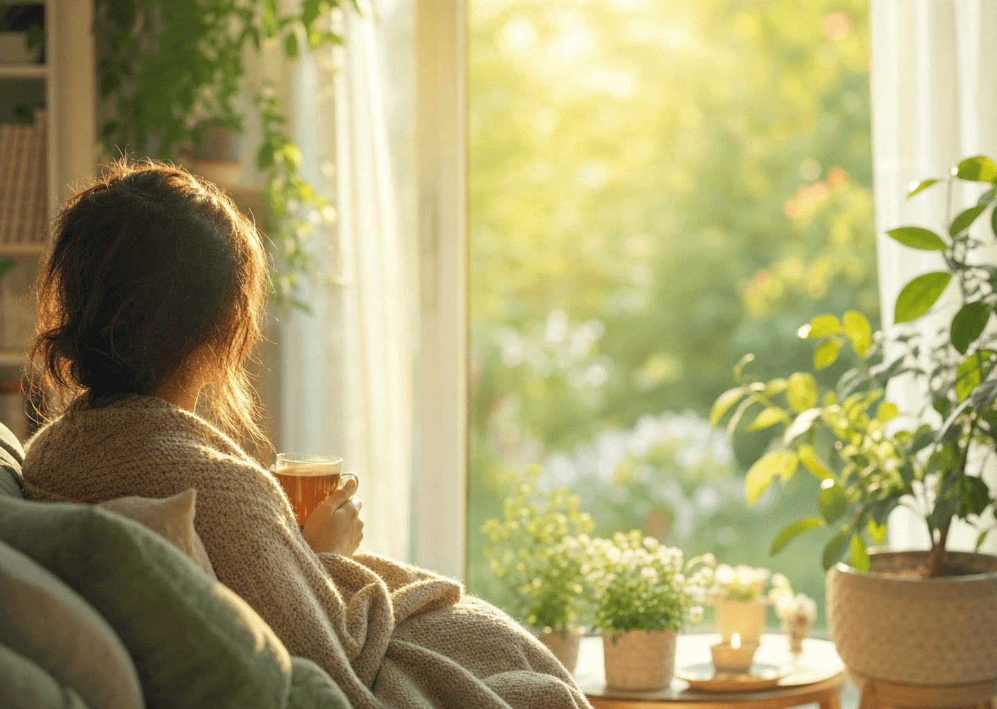 Intérieur lumineux et apaisant baigné d'une douce lumière naturelle, évoquant l'espoir et le rétablissement, pour un article bienveillant sur la dépression
