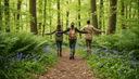 Trois marcheurs vus de dos montent un sentier forestier, gourde glissée dans un petit sac à dos