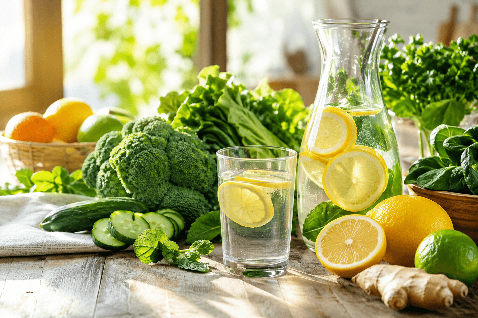 Verre d'eau citronnée, légumes verts frais et fruits colorés sur une table en bois, lumière naturelle, évoquant l'élimination naturelle et une bonne hygiène de vie