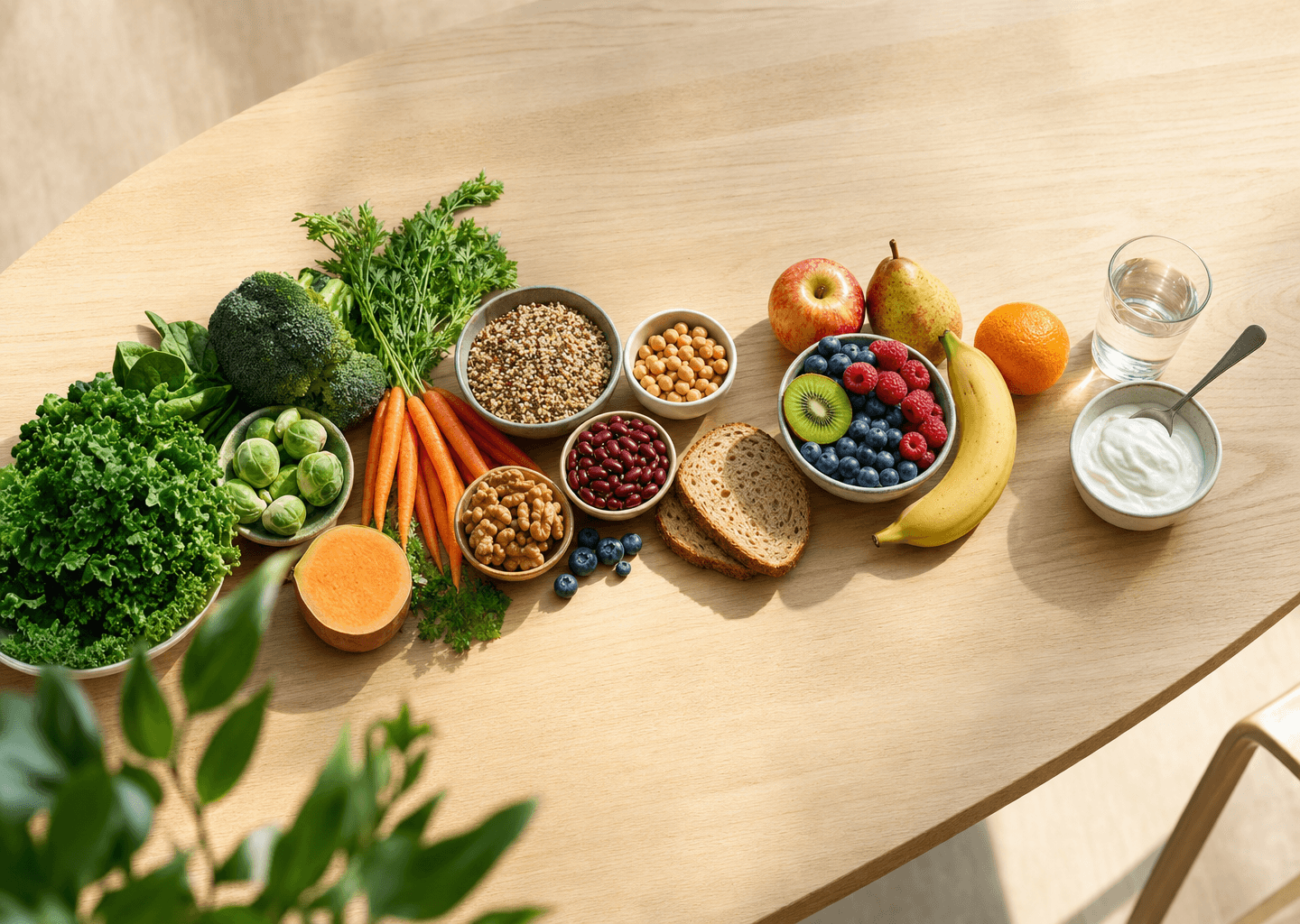 Aliments frais riches en fibres disposés sur une table en bois, illustrant un parcours digestif sain