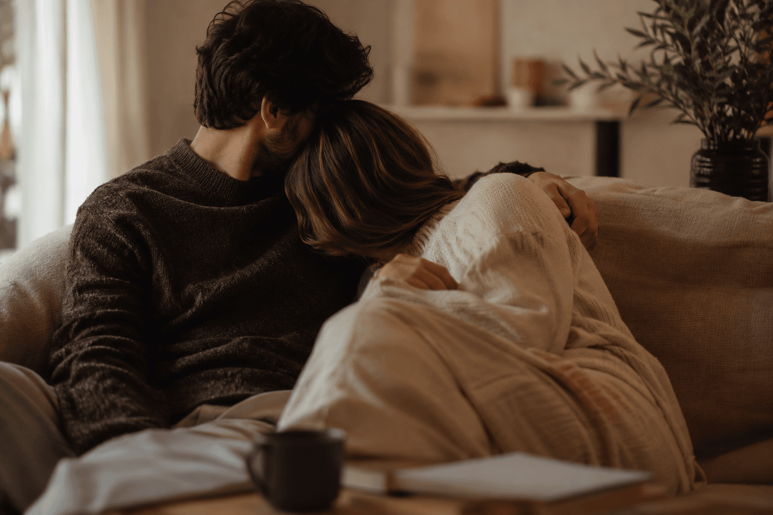 Couple complice partageant un moment de tendresse et d'intimité dans une lumière douce et chaleureuse