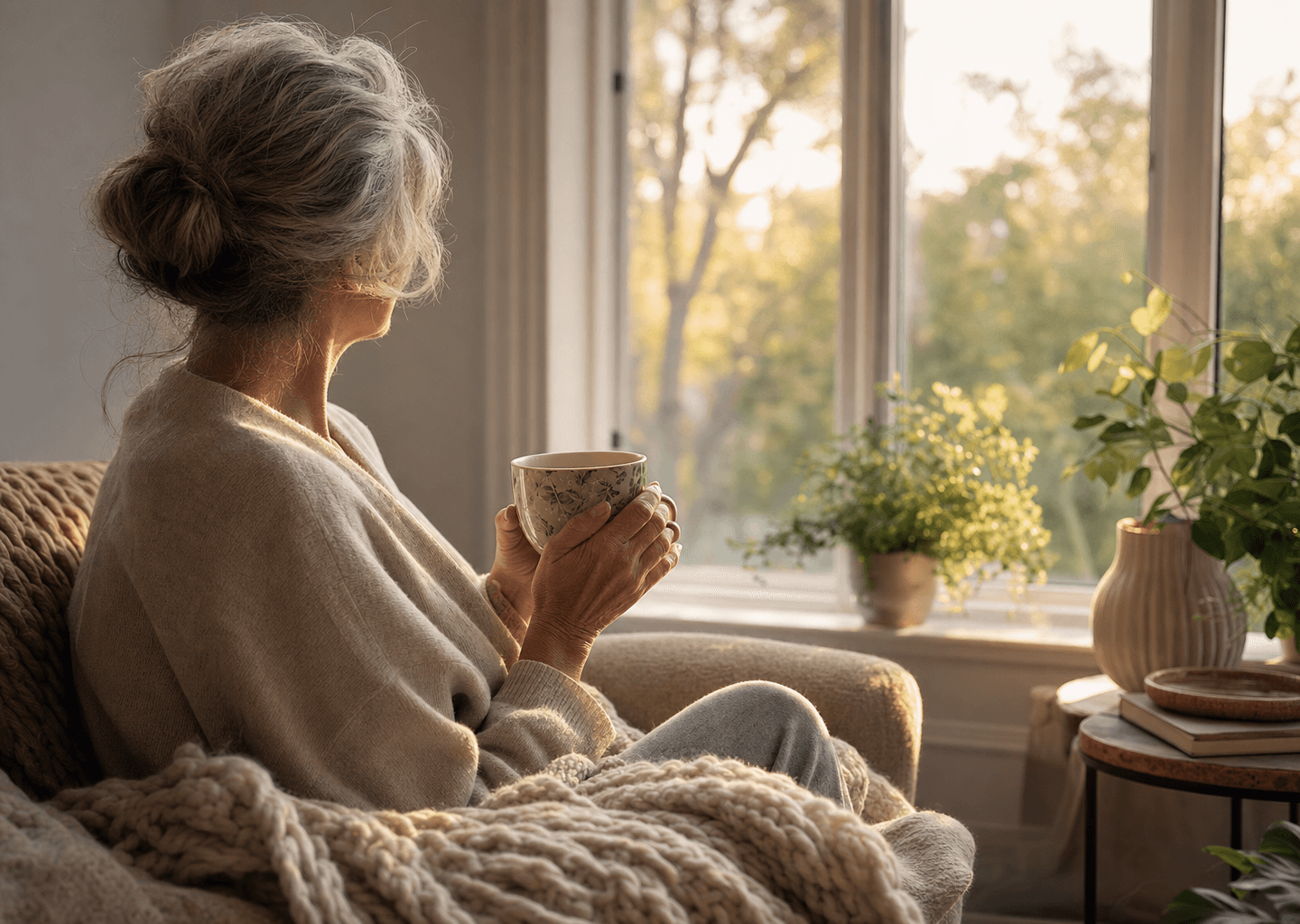 Femme sereine d'une cinquantaine d'annees assise pres d'une fenetre avec une tisane, lumiere chaleureuse et digne, illustrant la traversee apaisee de la menopause